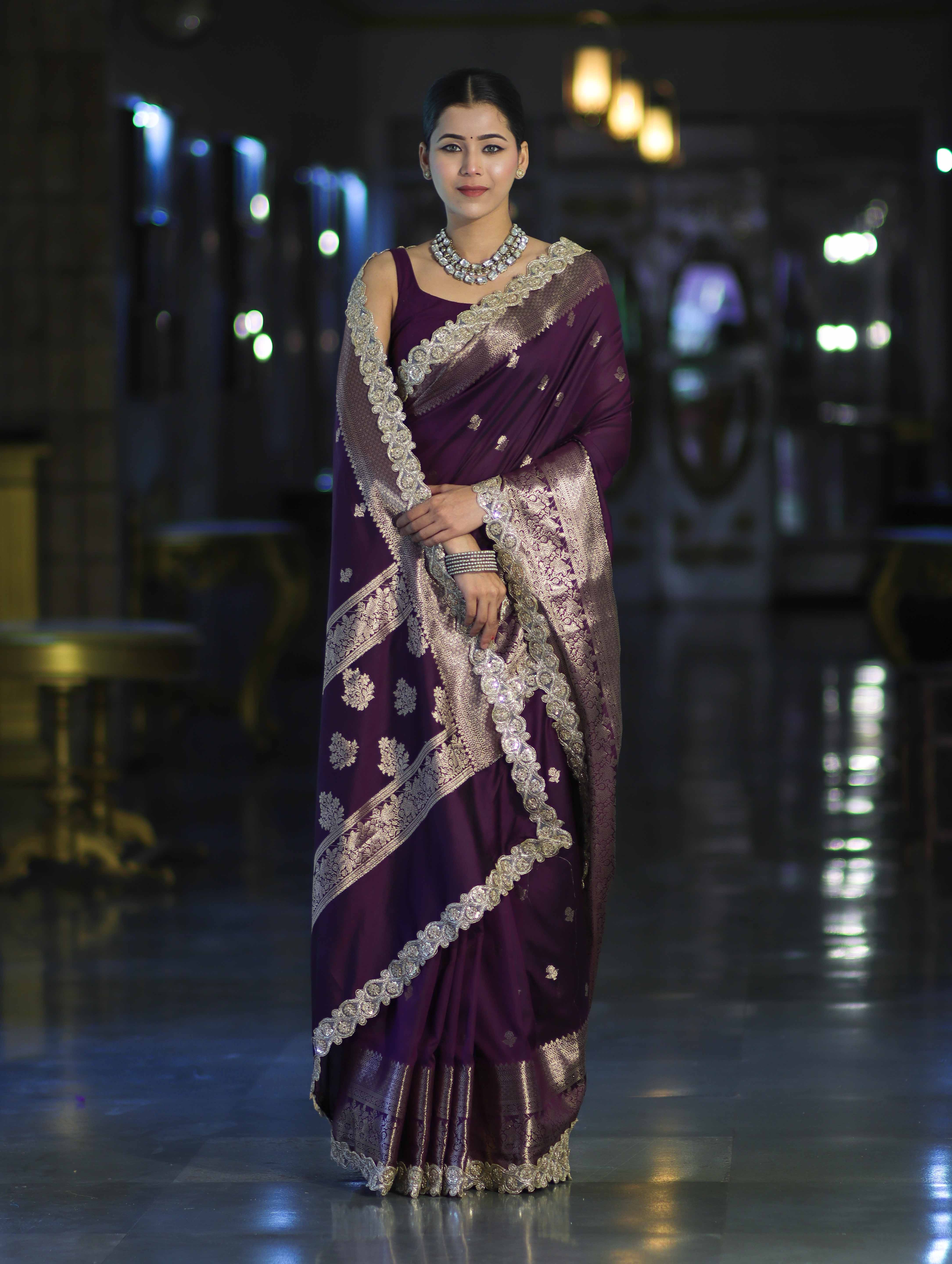 Banarasee Handloom Semi Silk Saree With Zari Buti Design & Lace Border-Purple