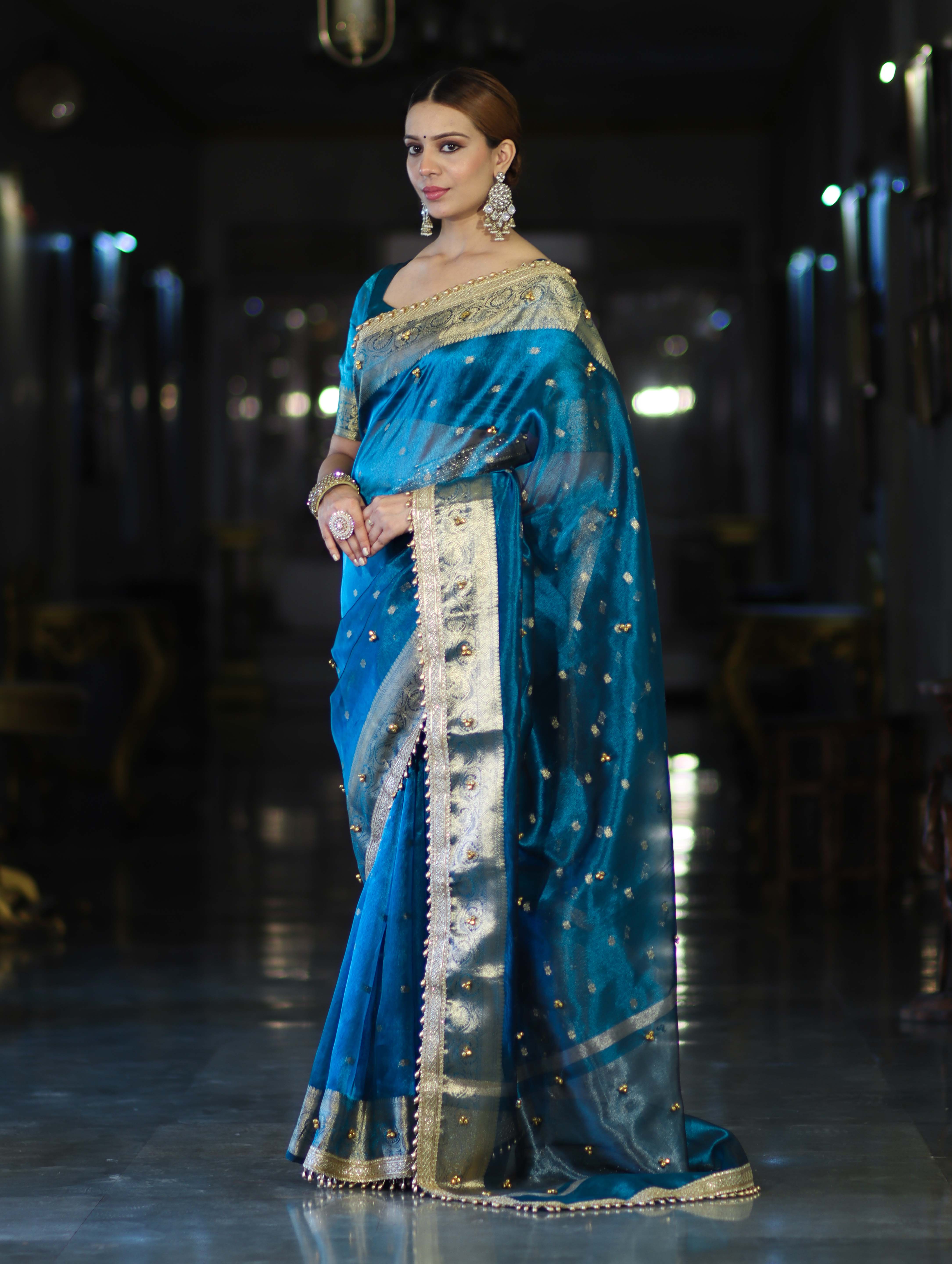Banarasee Handwoven Tissue Saree With Embroidered Ghungroo Work-Blue