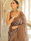 Banarasee Handloom Chanderi Digital Print Saree With Antique Zari Design-Brown