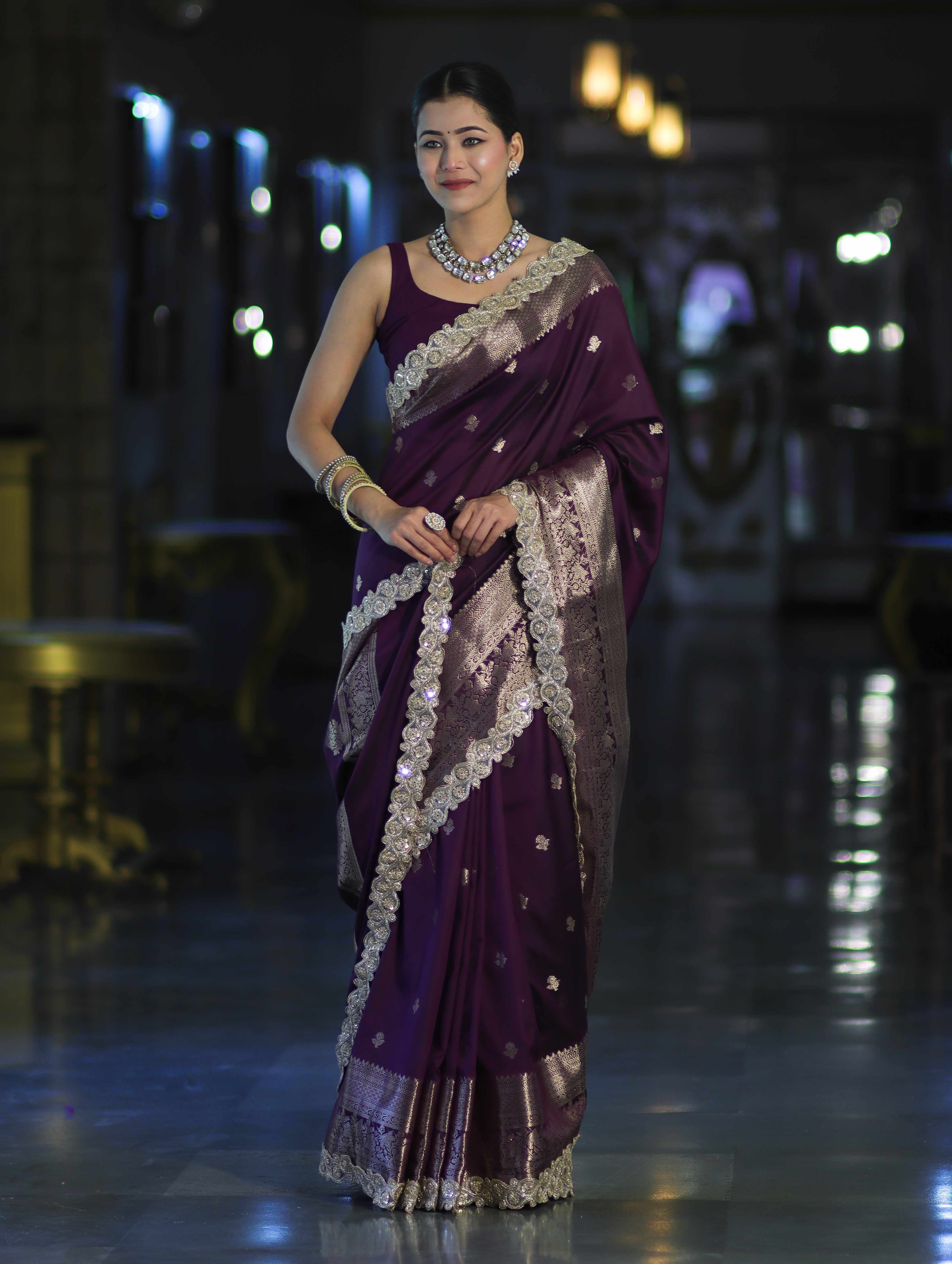 Banarasee Handloom Semi Silk Saree With Zari Buti Design & Lace Border-Purple