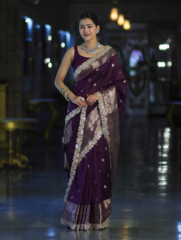 Banarasee Handloom Semi Silk Saree With Zari Buti Design & Lace Border-Purple