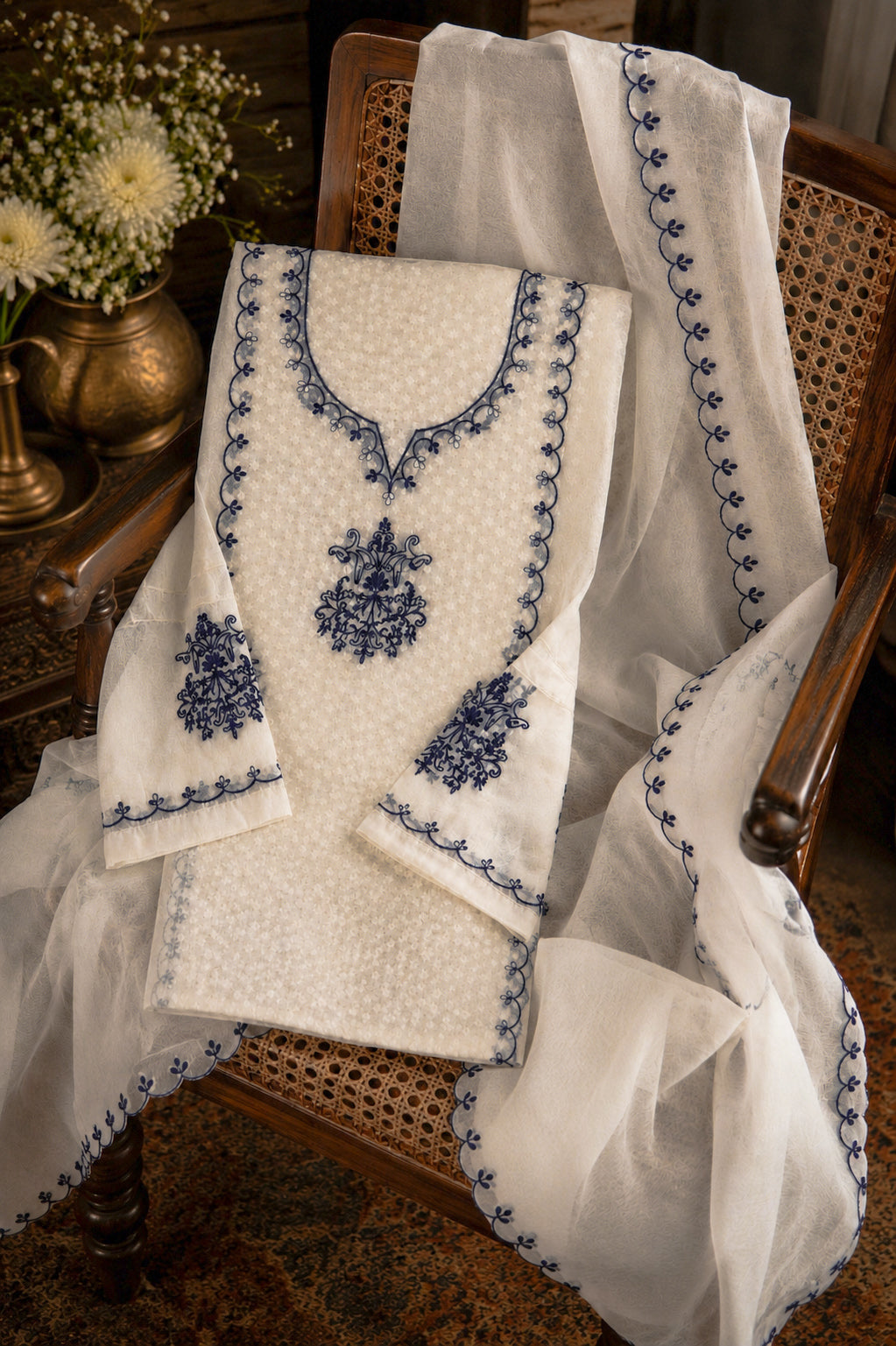Banarasee Semi-Stitched Mul Cotton Salwar Kameez Set With Dupatta-Off White & Blue