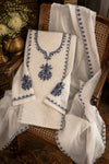 Banarasee Semi-Stitched Mul Cotton Salwar Kameez Set With Dupatta-Off White & Blue