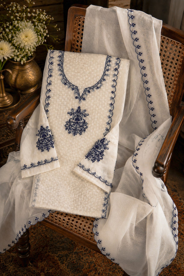 Banarasee Semi-Stitched Mul Cotton Salwar Kameez Set With Dupatta-Off White & Blue