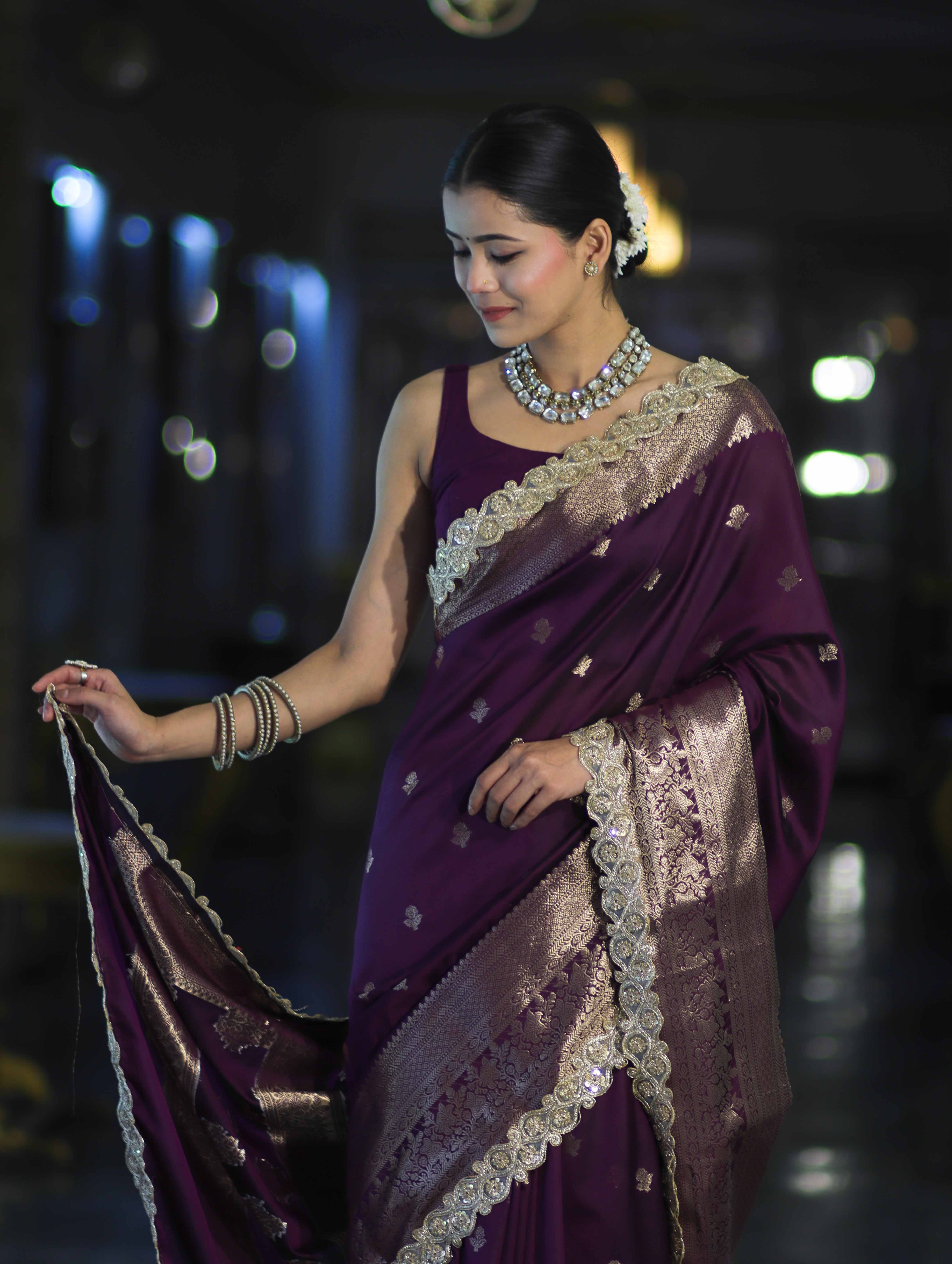 Banarasee Handloom Semi Silk Saree With Zari Buti Design & Lace Border-Purple