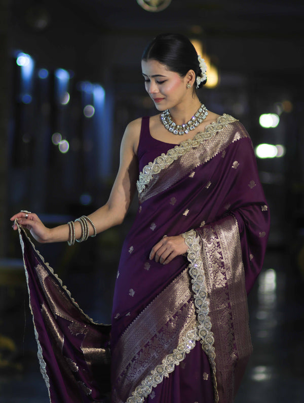 Banarasee Handloom Semi Silk Saree With Zari Buti Design & Lace Border-Purple