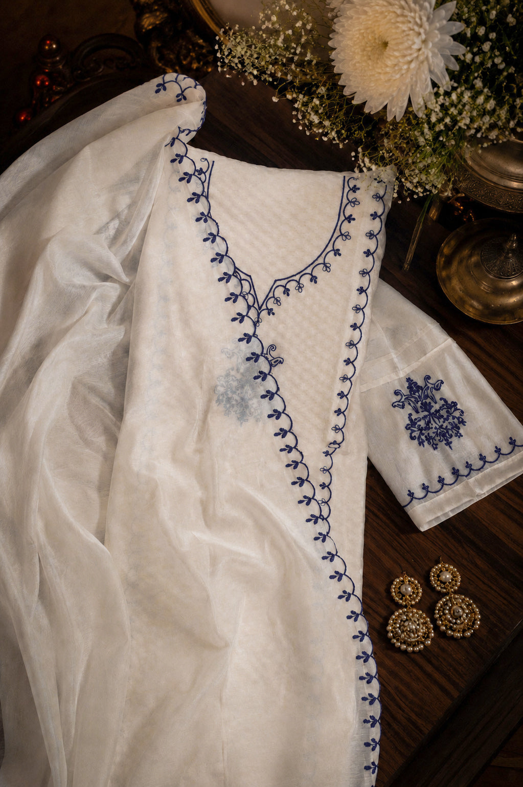 Banarasee Semi-Stitched Mul Cotton Salwar Kameez Set With Dupatta-Off White & Blue