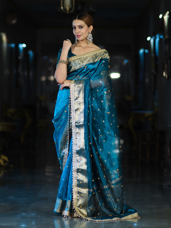 Banarasee Handwoven Tissue Saree With Embroidered Ghungroo Work-Blue