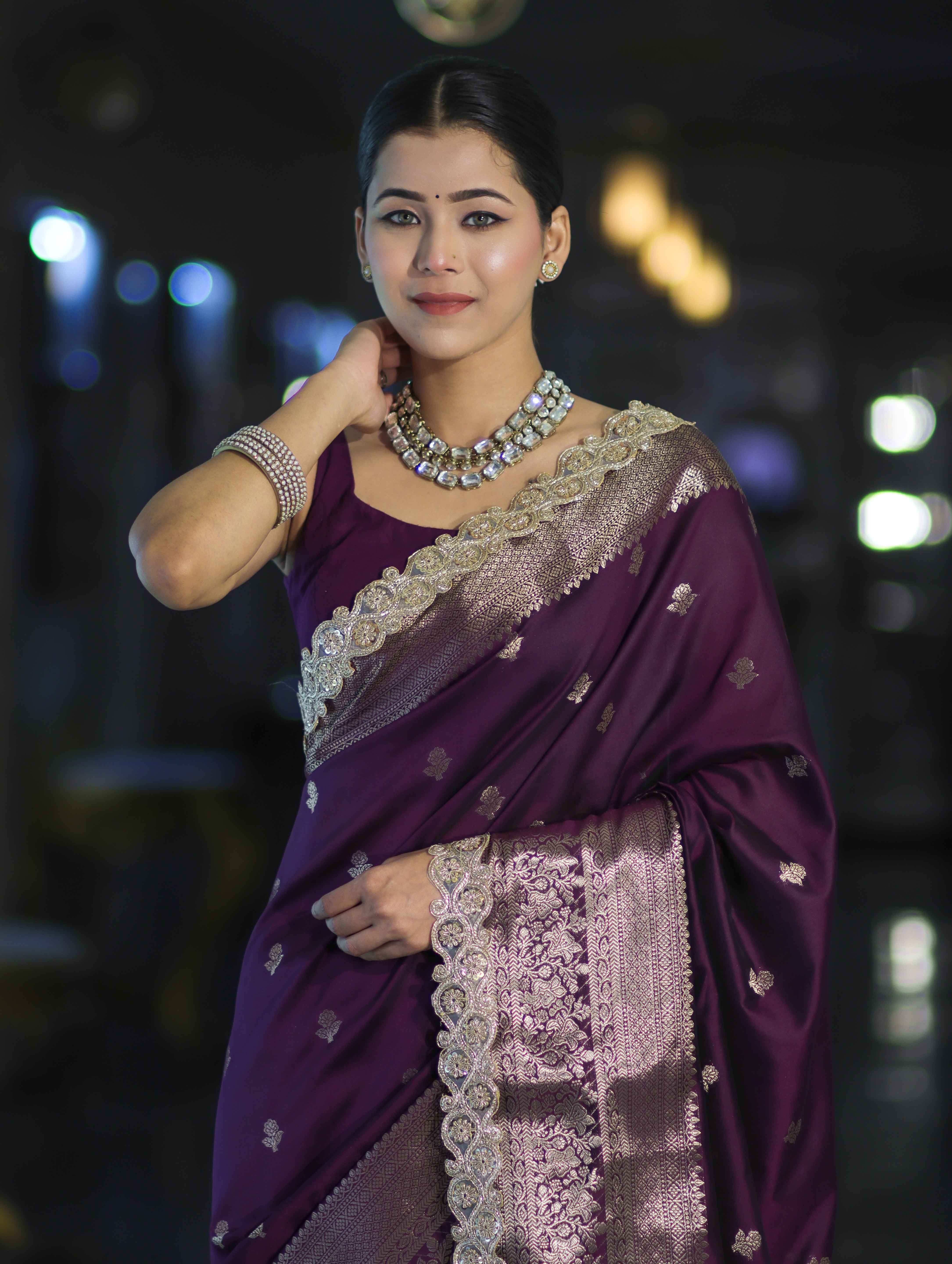 Banarasee Handloom Semi Silk Saree With Zari Buti Design & Lace Border-Purple