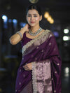 Banarasee Handloom Semi Silk Saree With Zari Buti Design & Lace Border-Purple