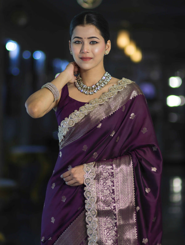 Banarasee Handloom Semi Silk Saree With Zari Buti Design & Lace Border-Purple