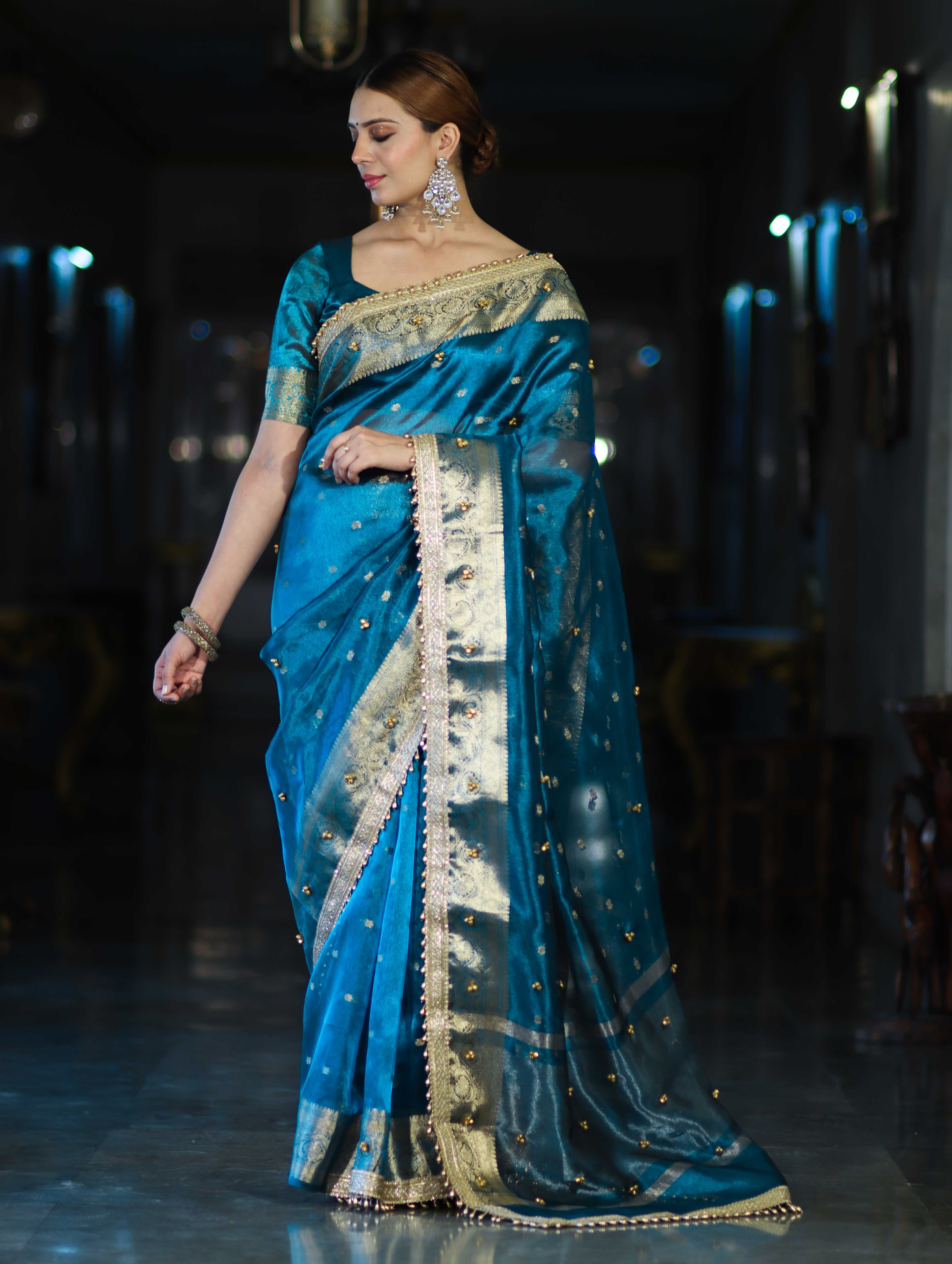 Banarasee Handwoven Tissue Saree With Embroidered Ghungroo Work-Blue