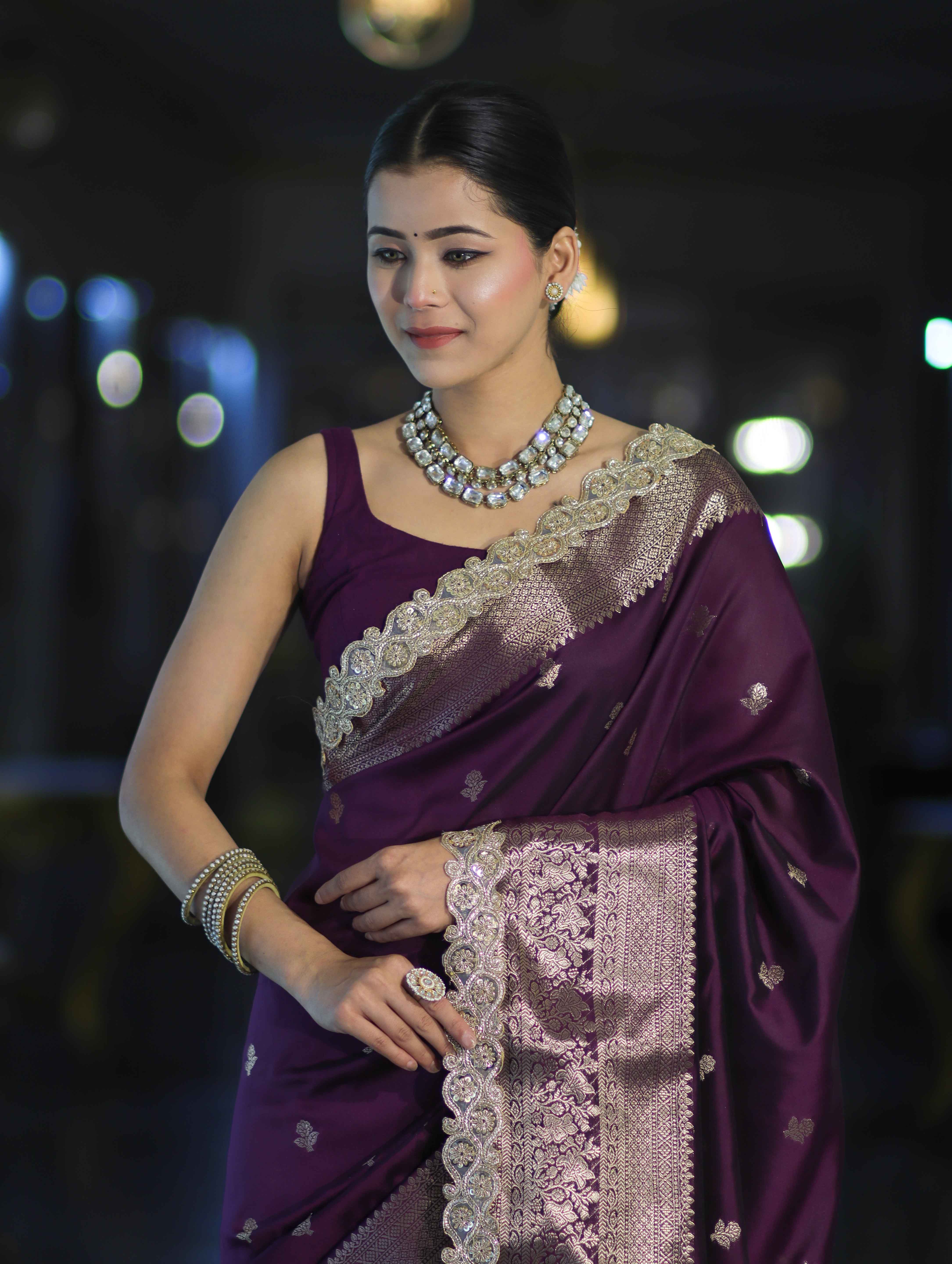 Banarasee Handloom Semi Silk Saree With Zari Buti Design & Lace Border-Purple