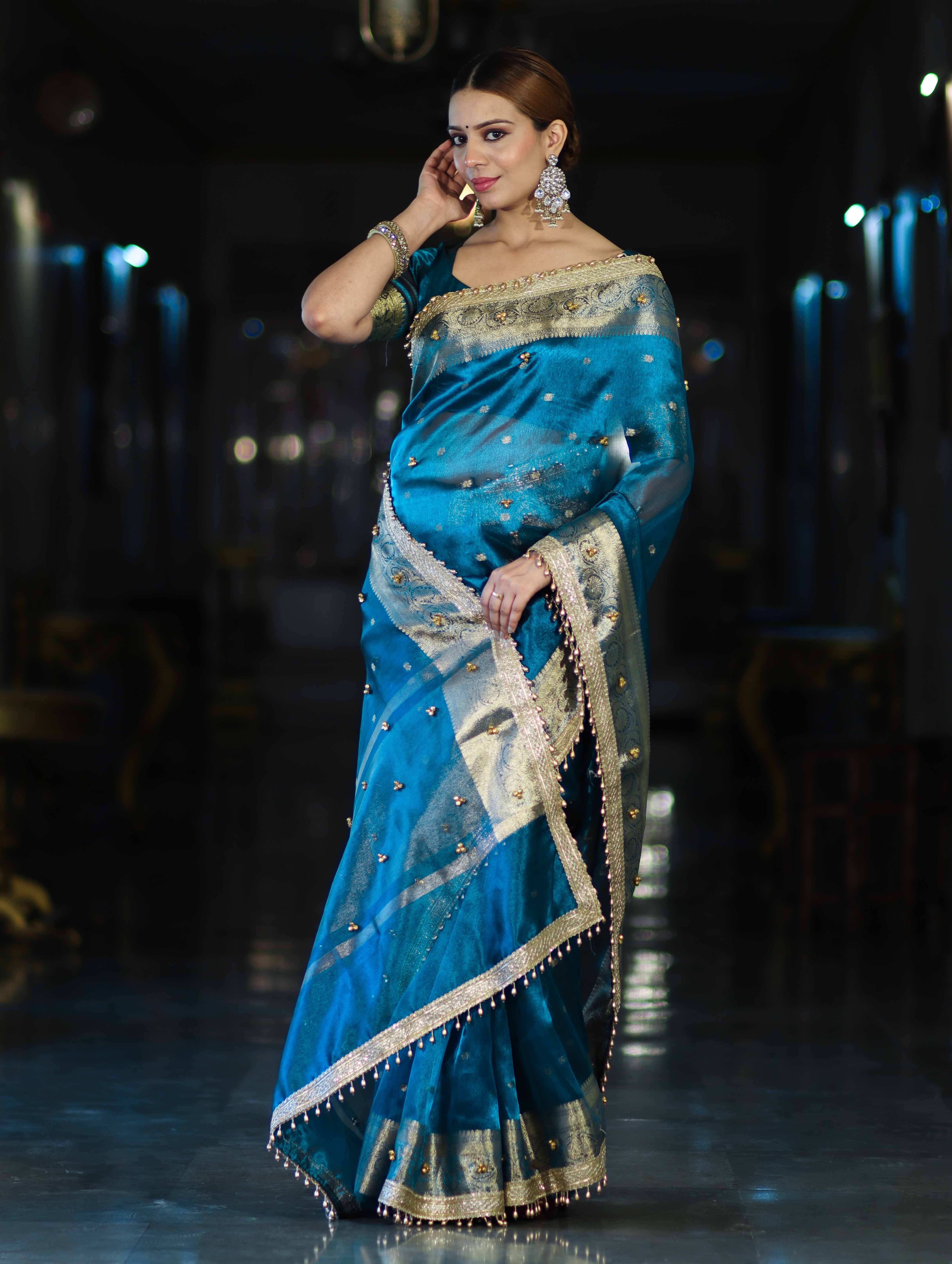 Banarasee Handwoven Tissue Saree With Embroidered Ghungroo Work-Blue