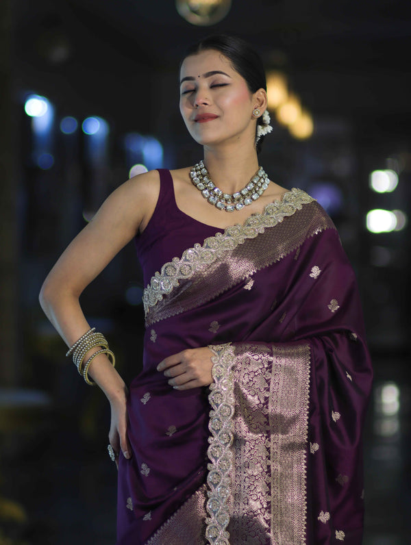 Banarasee Handloom Semi Silk Saree With Zari Buti Design & Lace Border-Purple