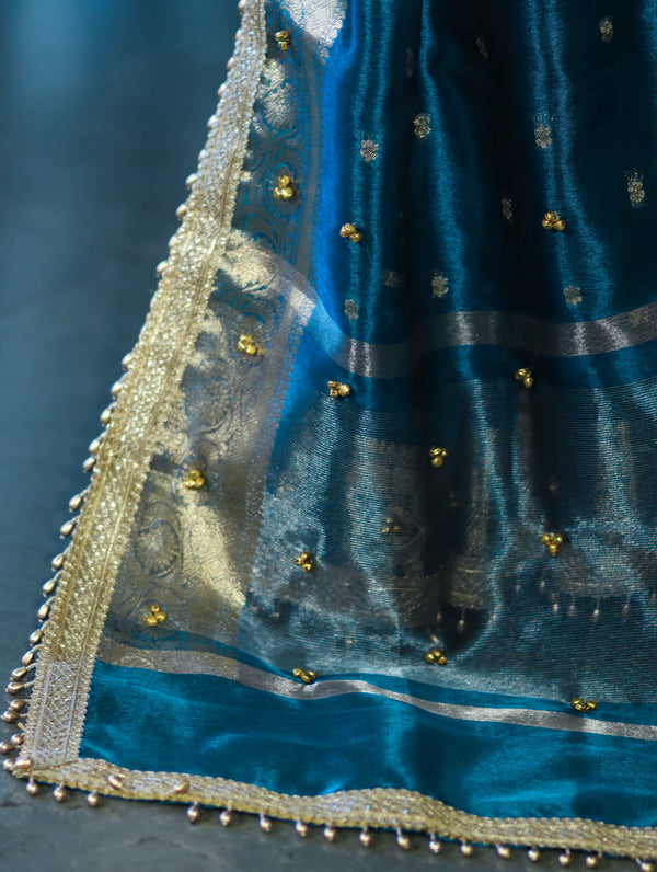 Banarasee Handwoven Tissue Saree With Embroidered Ghungroo Work-Blue