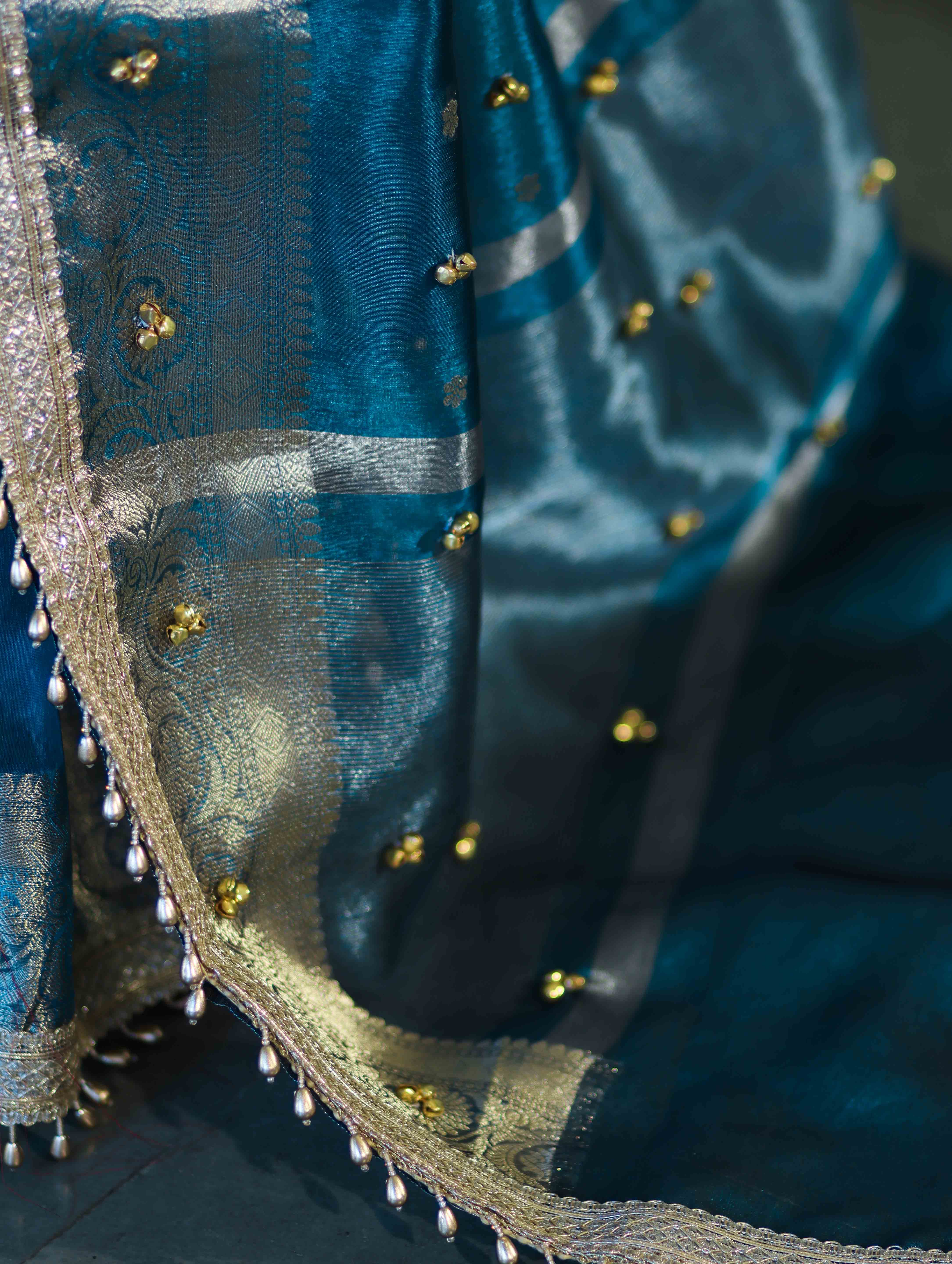 Banarasee Handwoven Tissue Saree With Embroidered Ghungroo Work-Blue