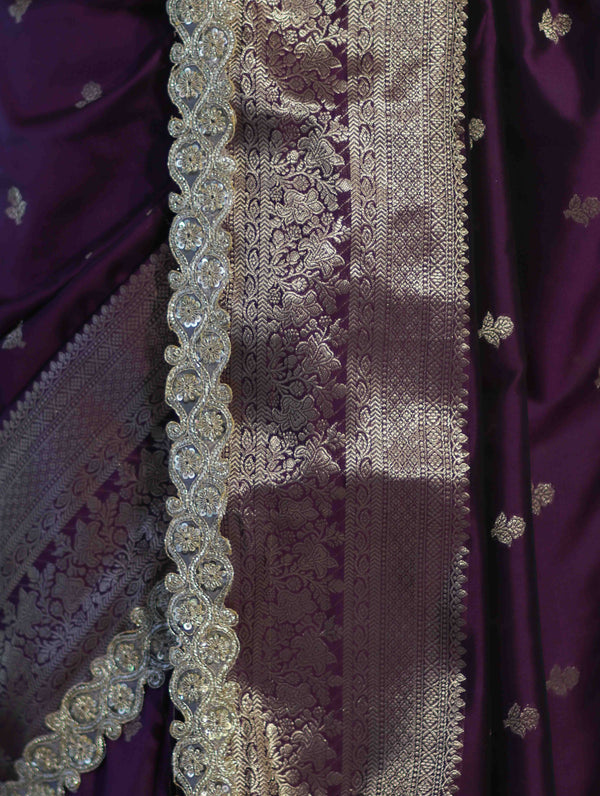 Banarasee Handloom Semi Silk Saree With Zari Buti Design & Lace Border-Purple