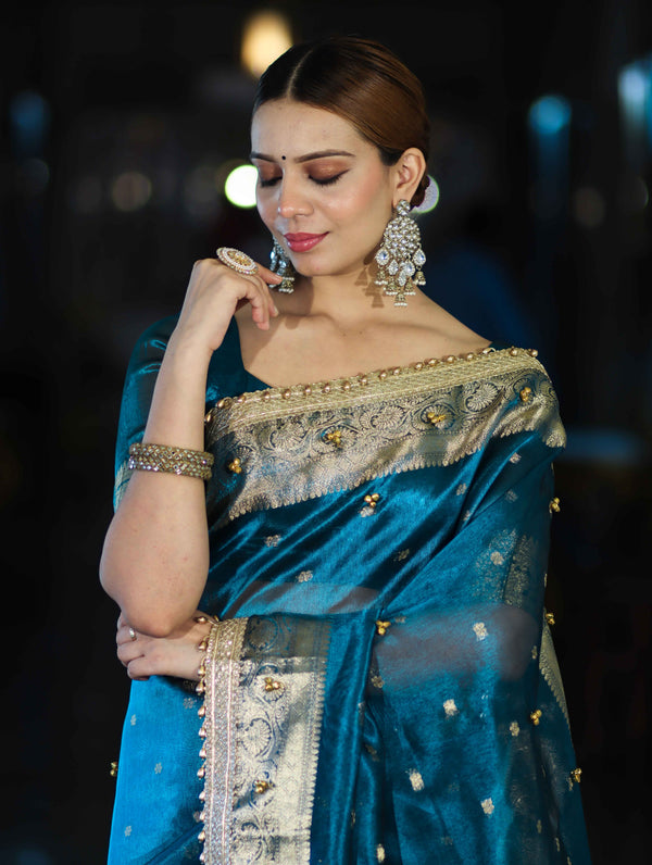 Banarasee Handwoven Tissue Saree With Embroidered Ghungroo Work-Blue