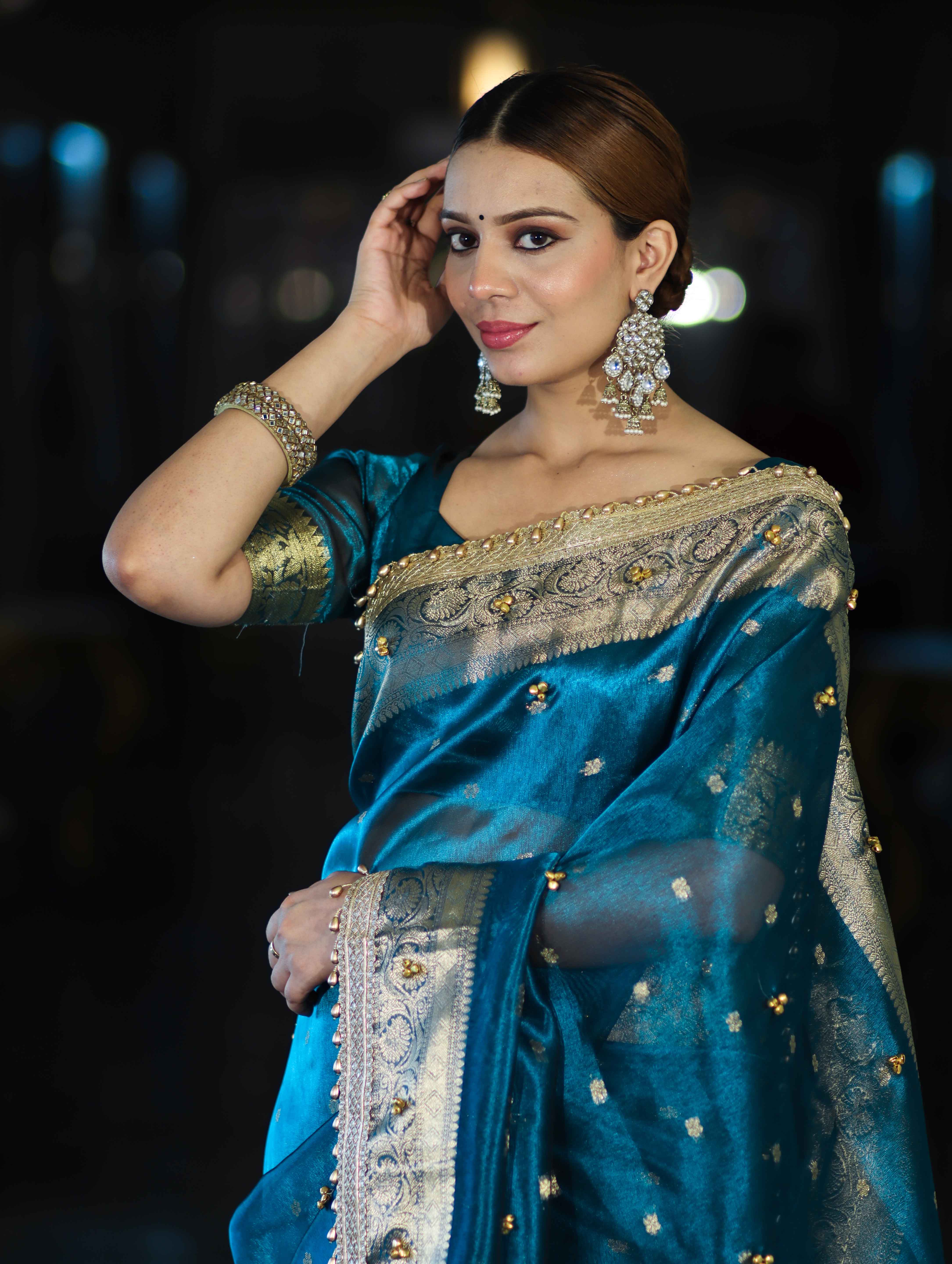 Banarasee Handwoven Tissue Saree With Embroidered Ghungroo Work-Blue