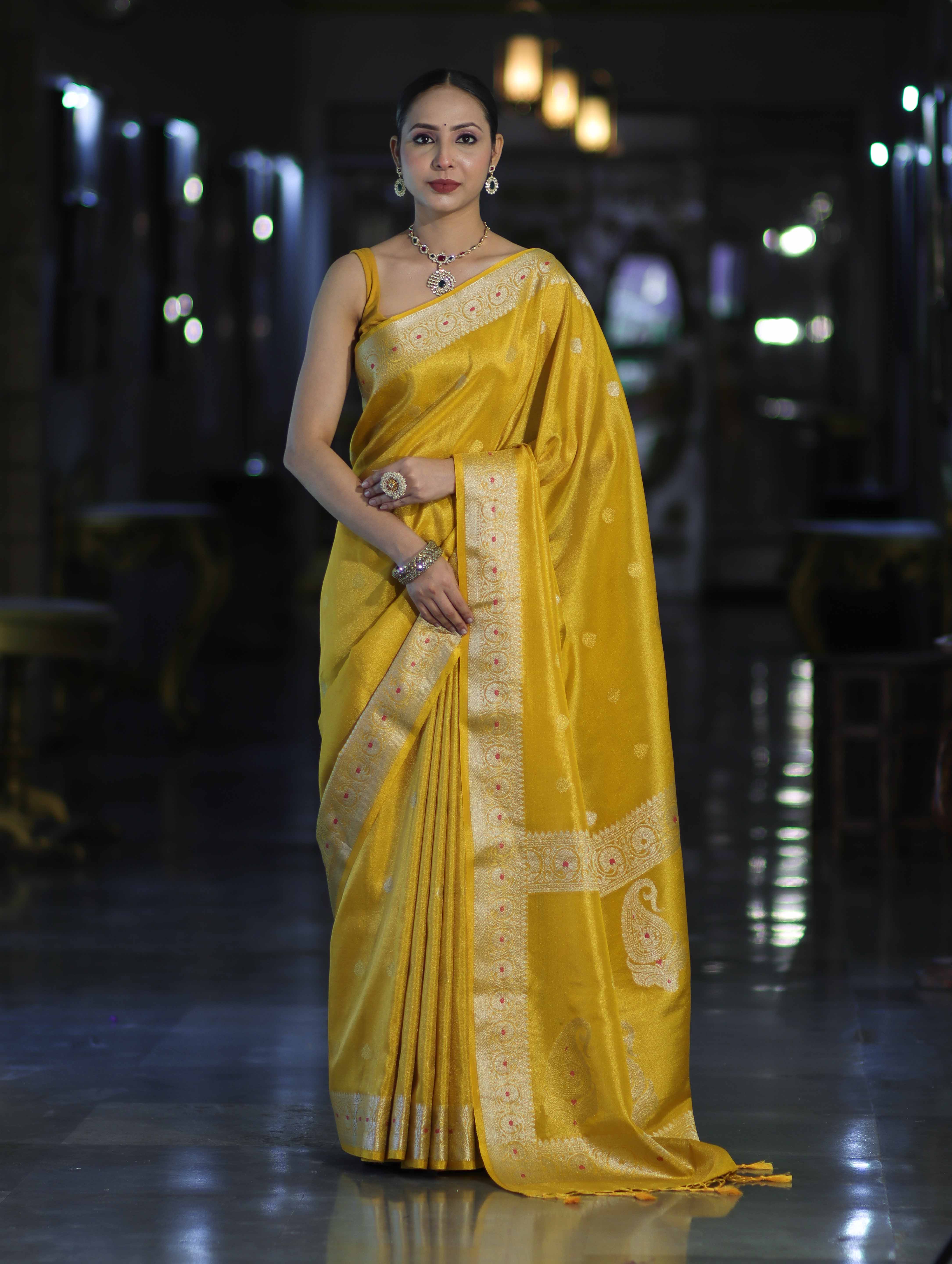Banarasee Handloom Dual Tone Shimmer Silk Saree With Buti Design & Meena Border-Yellow