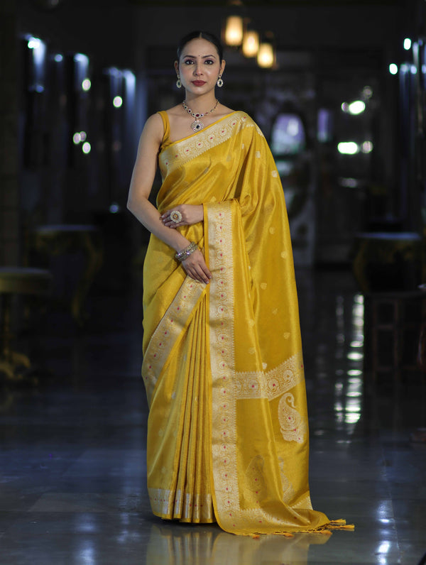 Banarasee Handloom Dual Tone Shimmer Silk Saree With Buti Design & Meena Border-Yellow