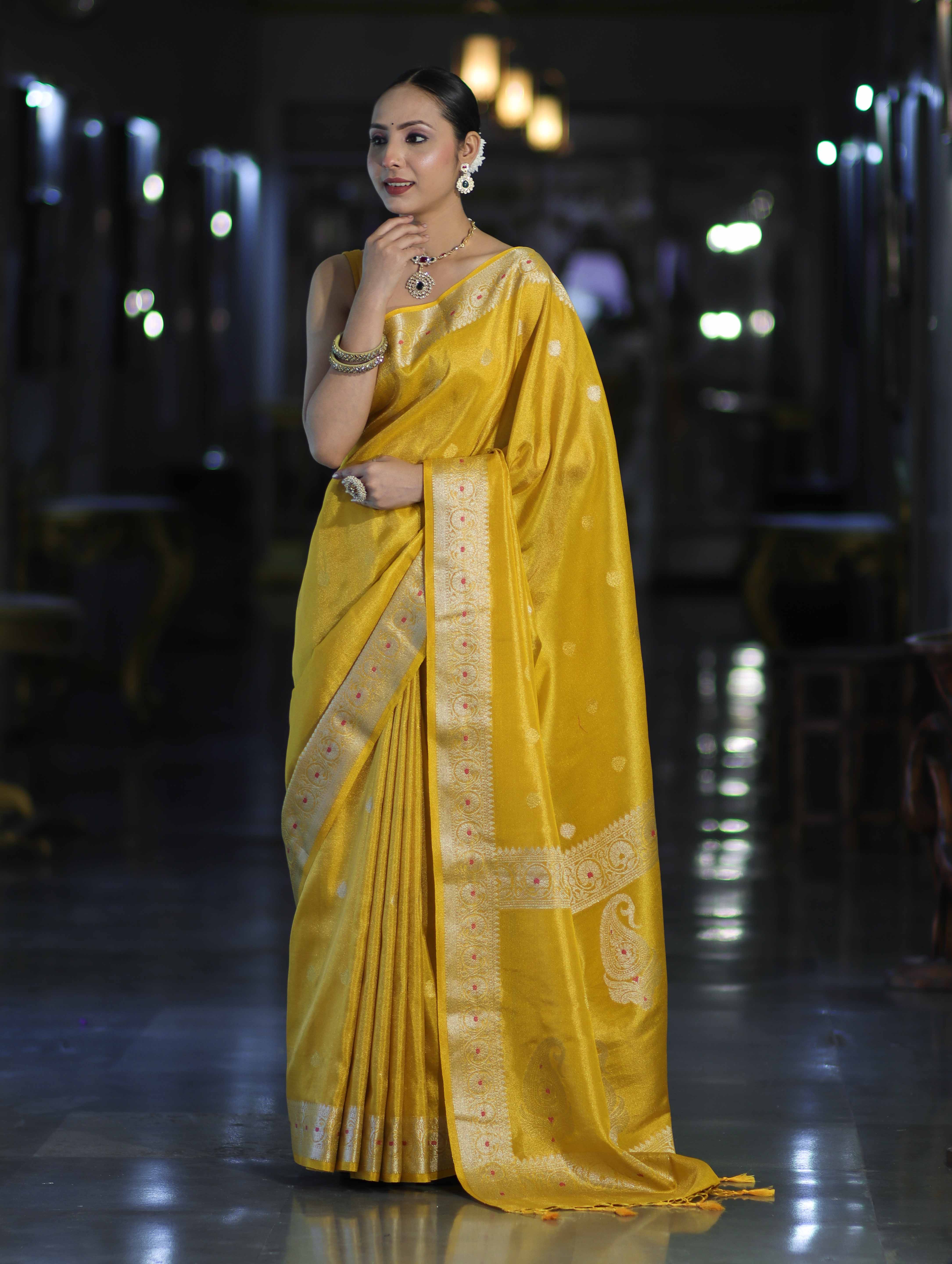 Banarasee Handloom Dual Tone Shimmer Silk Saree With Buti Design & Meena Border-Yellow