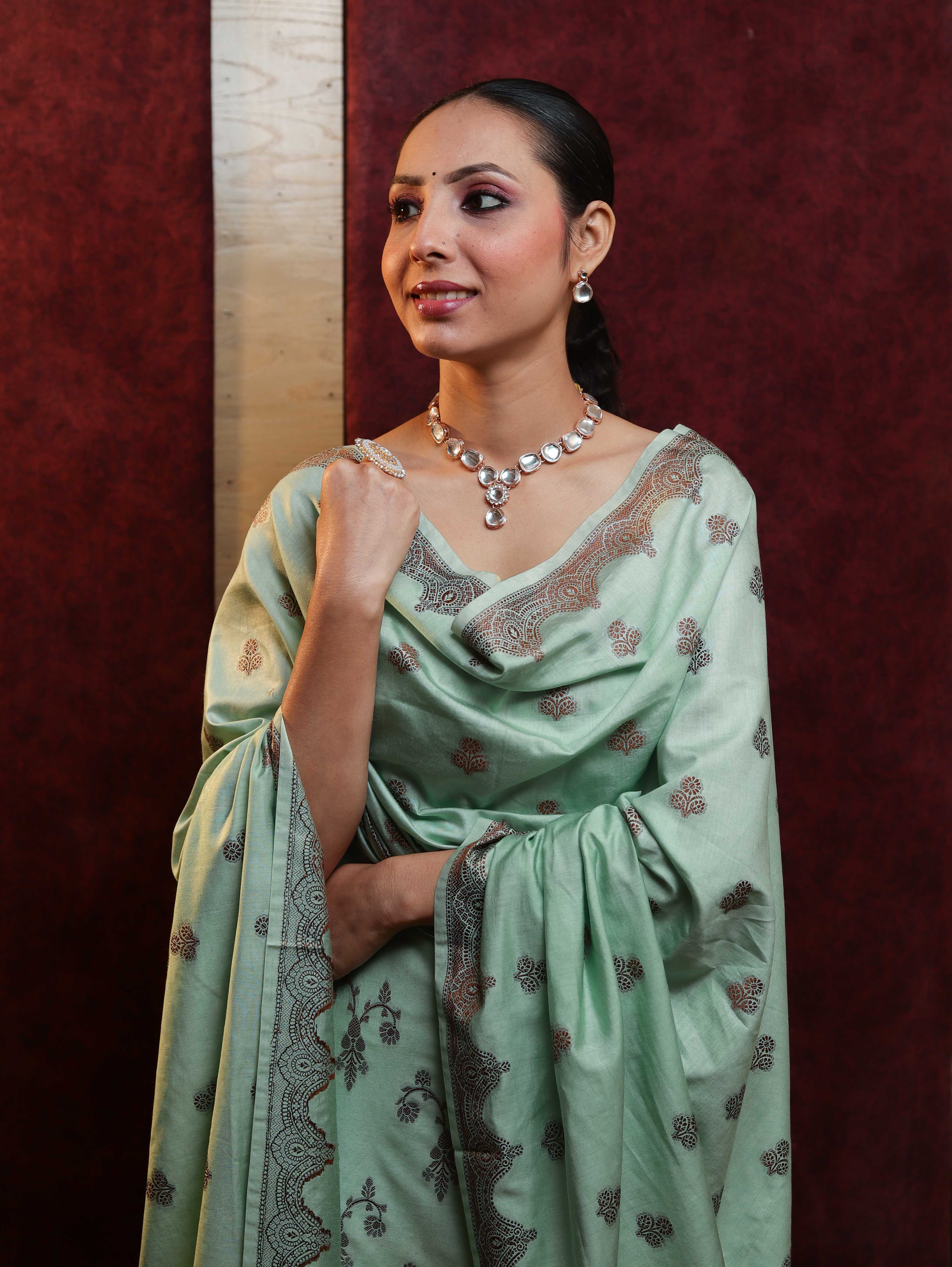 Banarasee Handloom Pure Cotton Silk Salwar Kameez Fabric With Dupatta-Light Moss Green
