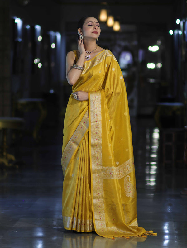 Banarasee Handloom Dual Tone Shimmer Silk Saree With Buti Design & Meena Border-Yellow