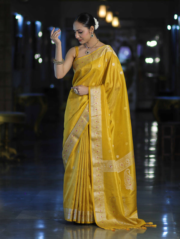 Banarasee Handloom Dual Tone Shimmer Silk Saree With Buti Design & Meena Border-Yellow