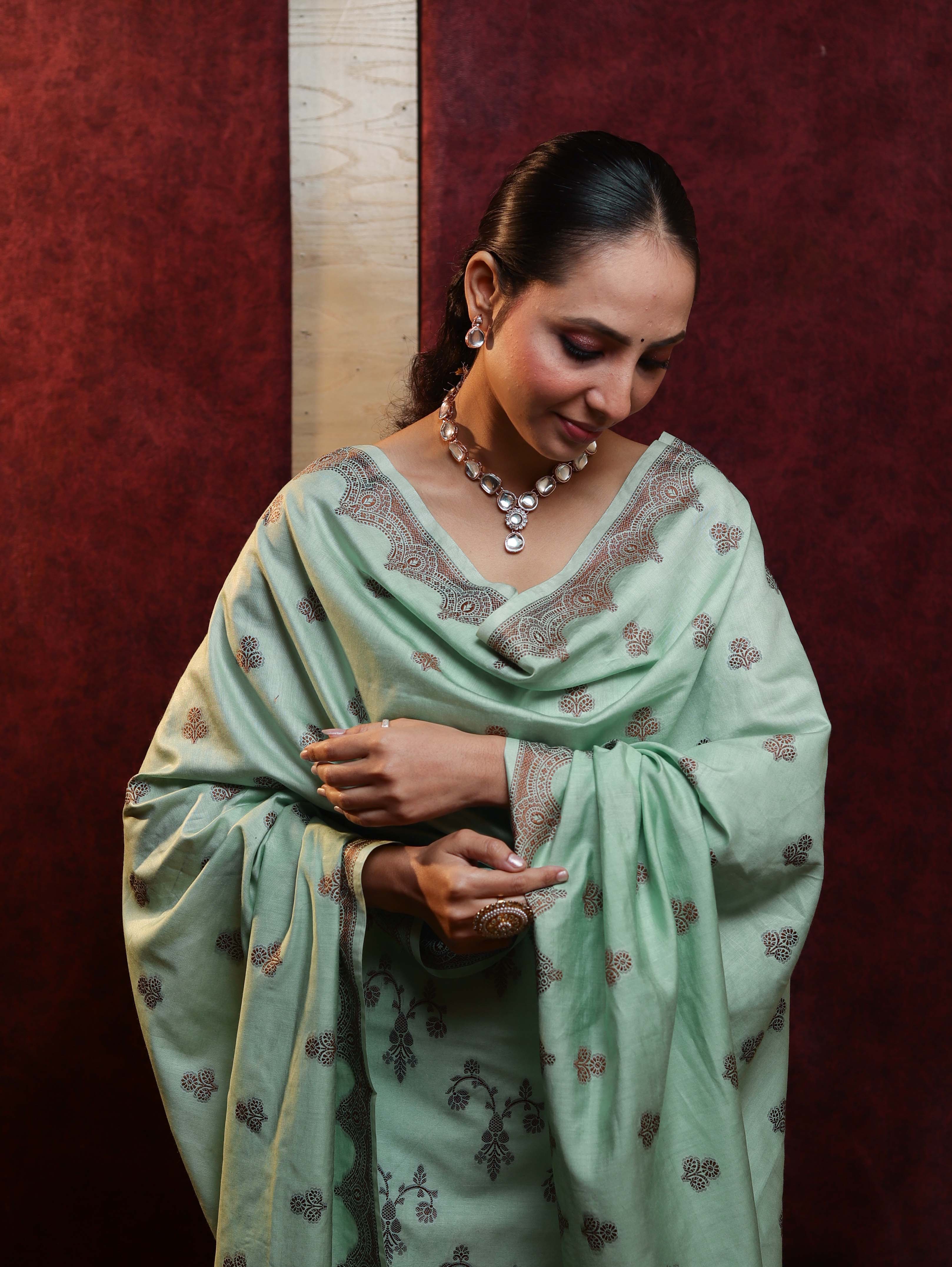 Banarasee Handloom Pure Cotton Silk Salwar Kameez Fabric With Dupatta-Light Moss Green