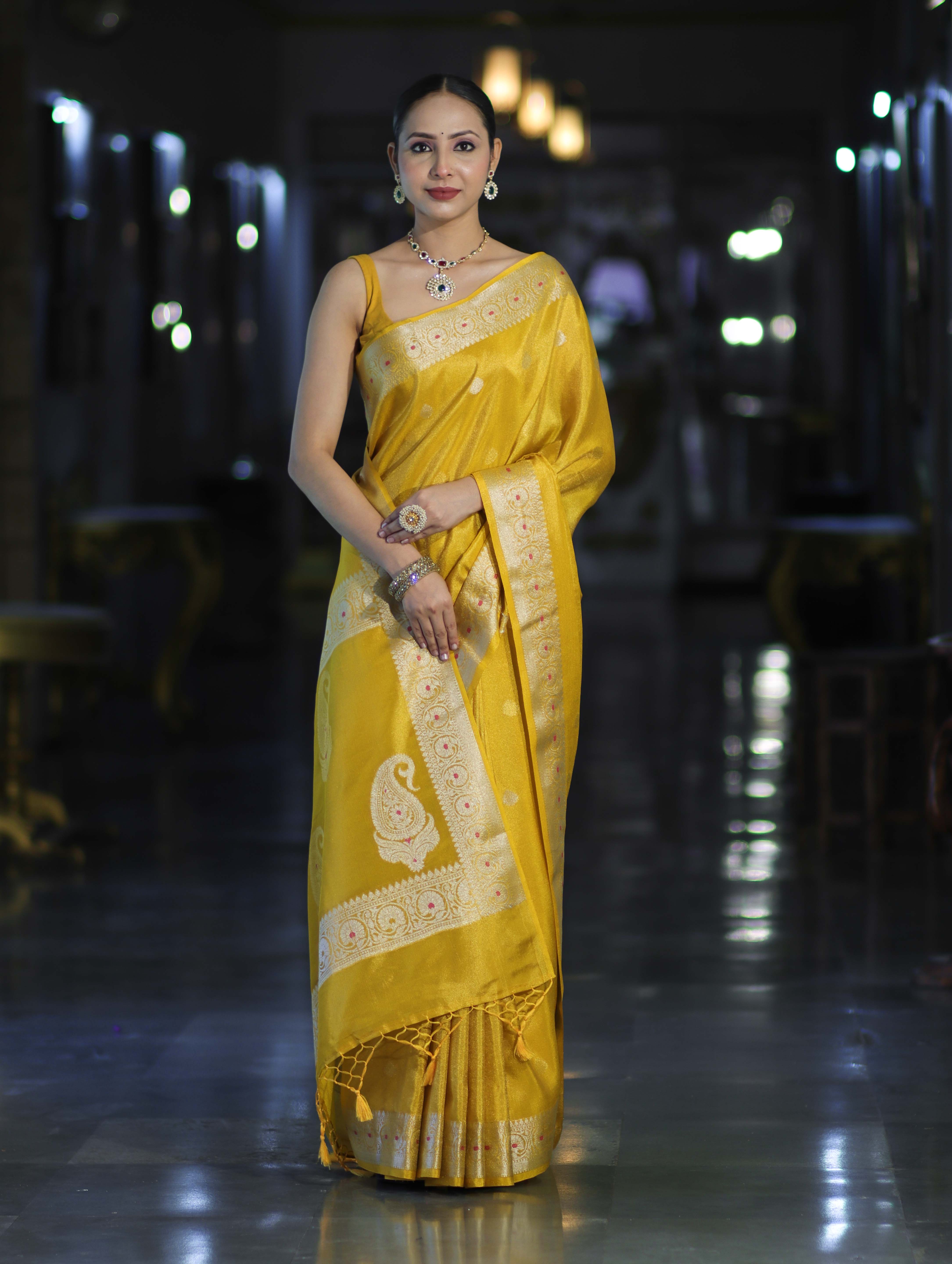 Banarasee Handloom Dual Tone Shimmer Silk Saree With Buti Design & Meena Border-Yellow