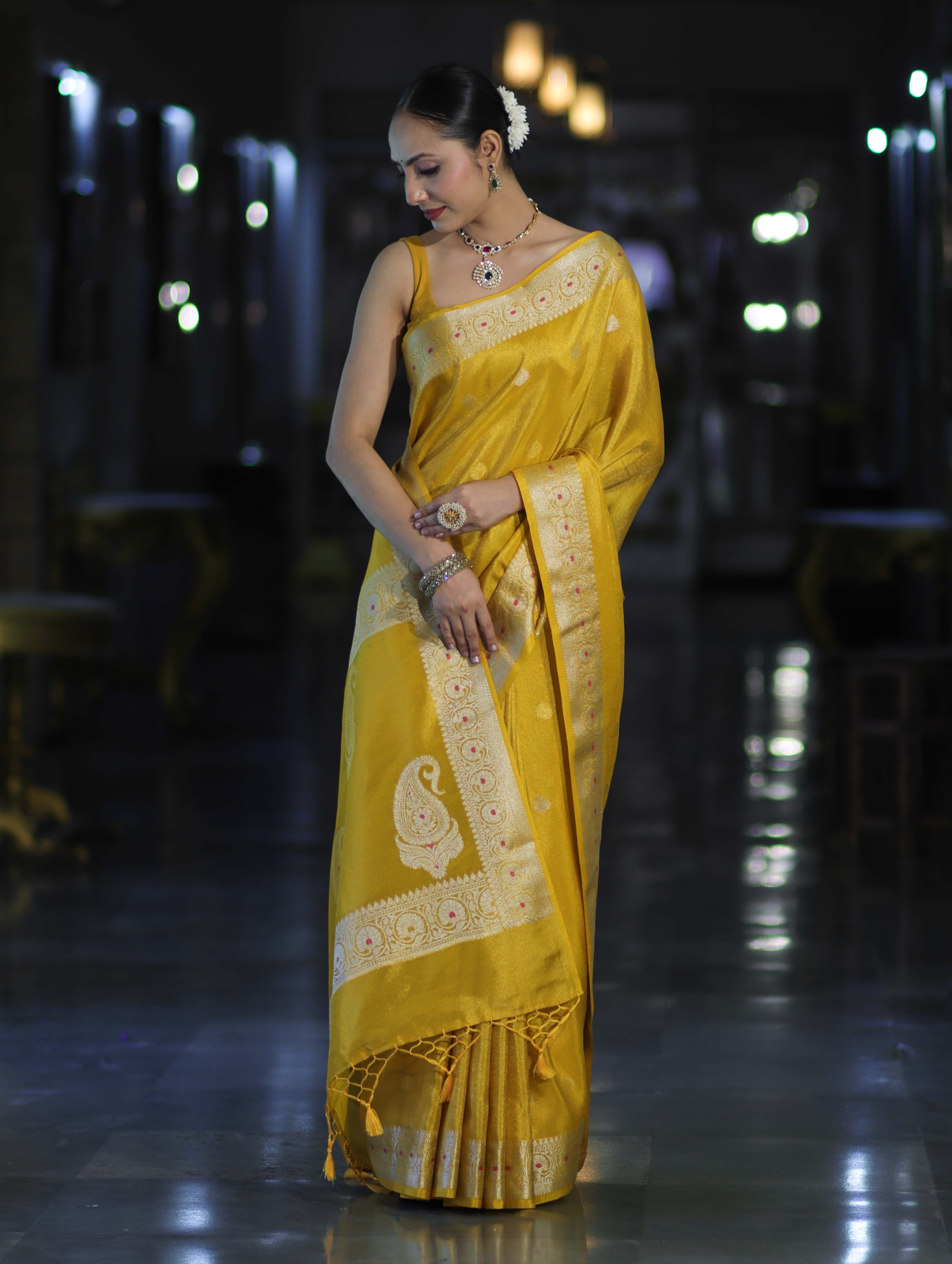 Banarasee Handloom Dual Tone Shimmer Silk Saree With Buti Design & Meena Border-Yellow