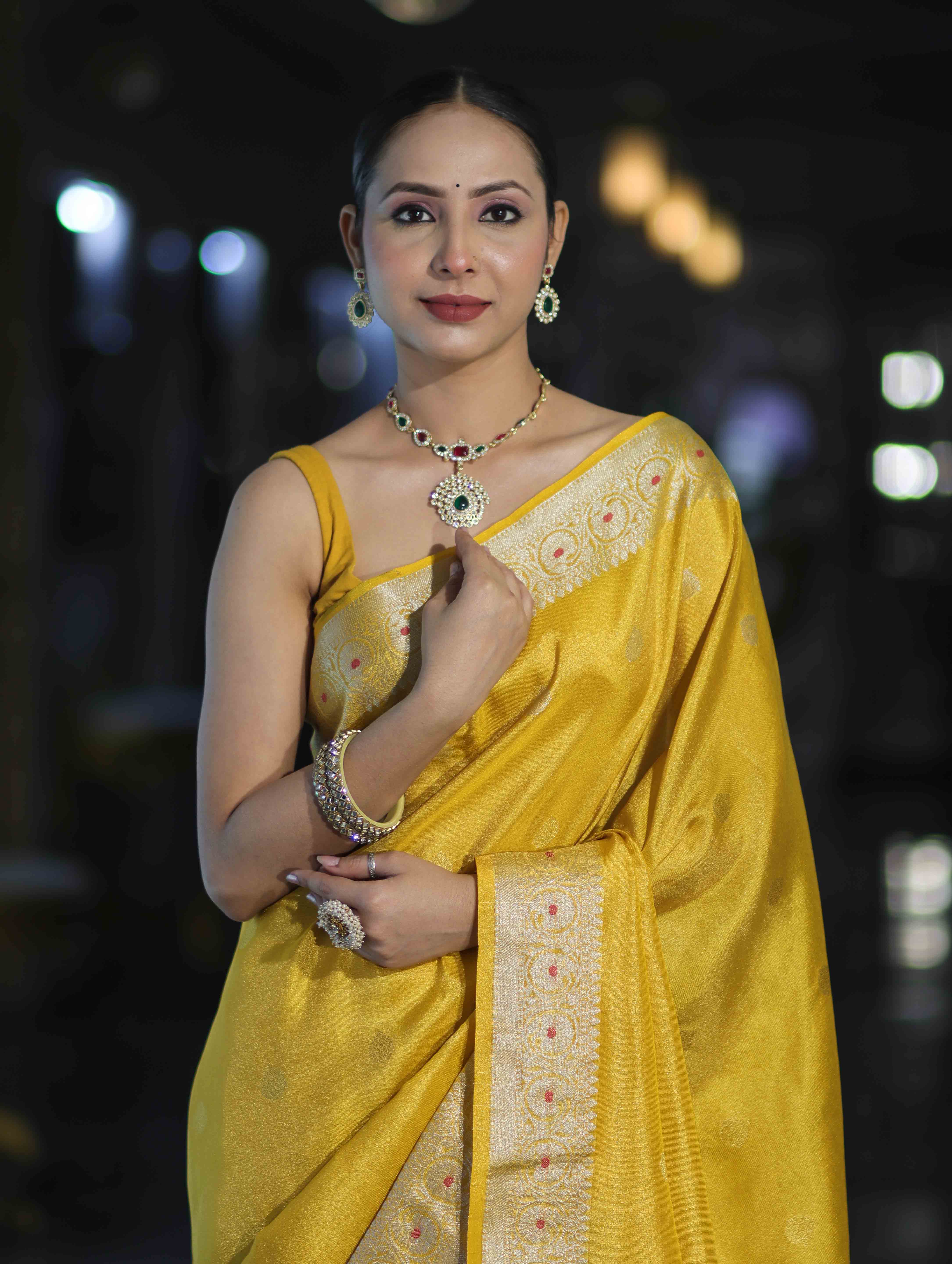 Banarasee Handloom Dual Tone Shimmer Silk Saree With Buti Design & Meena Border-Yellow