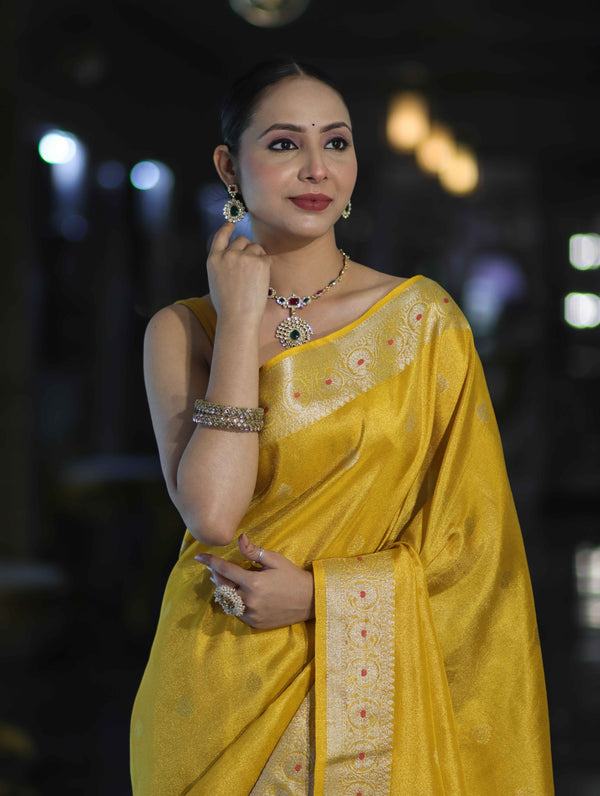 Banarasee Handloom Dual Tone Shimmer Silk Saree With Buti Design & Meena Border-Yellow
