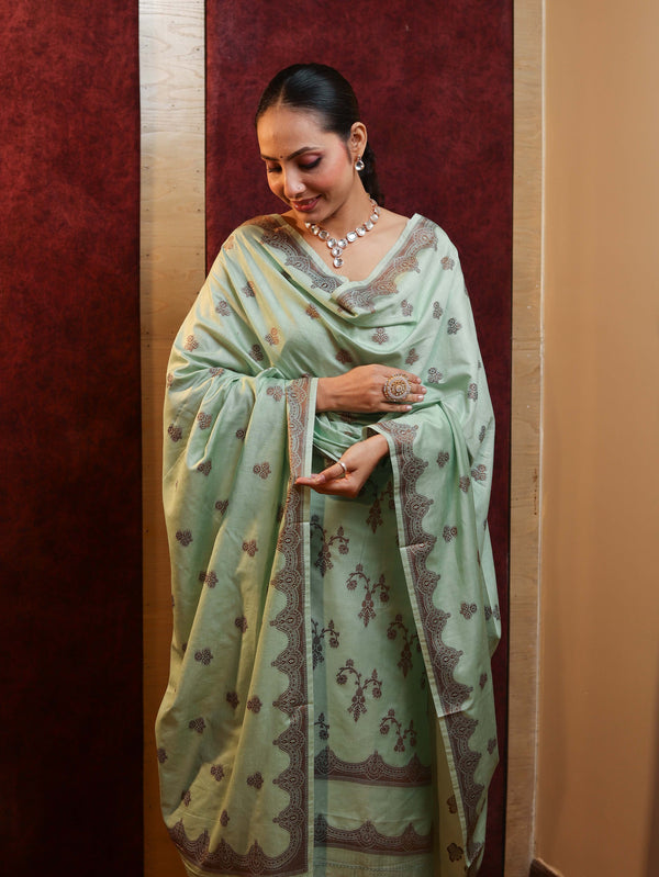 Banarasee Handloom Pure Cotton Silk Salwar Kameez Fabric With Dupatta-Light Moss Green