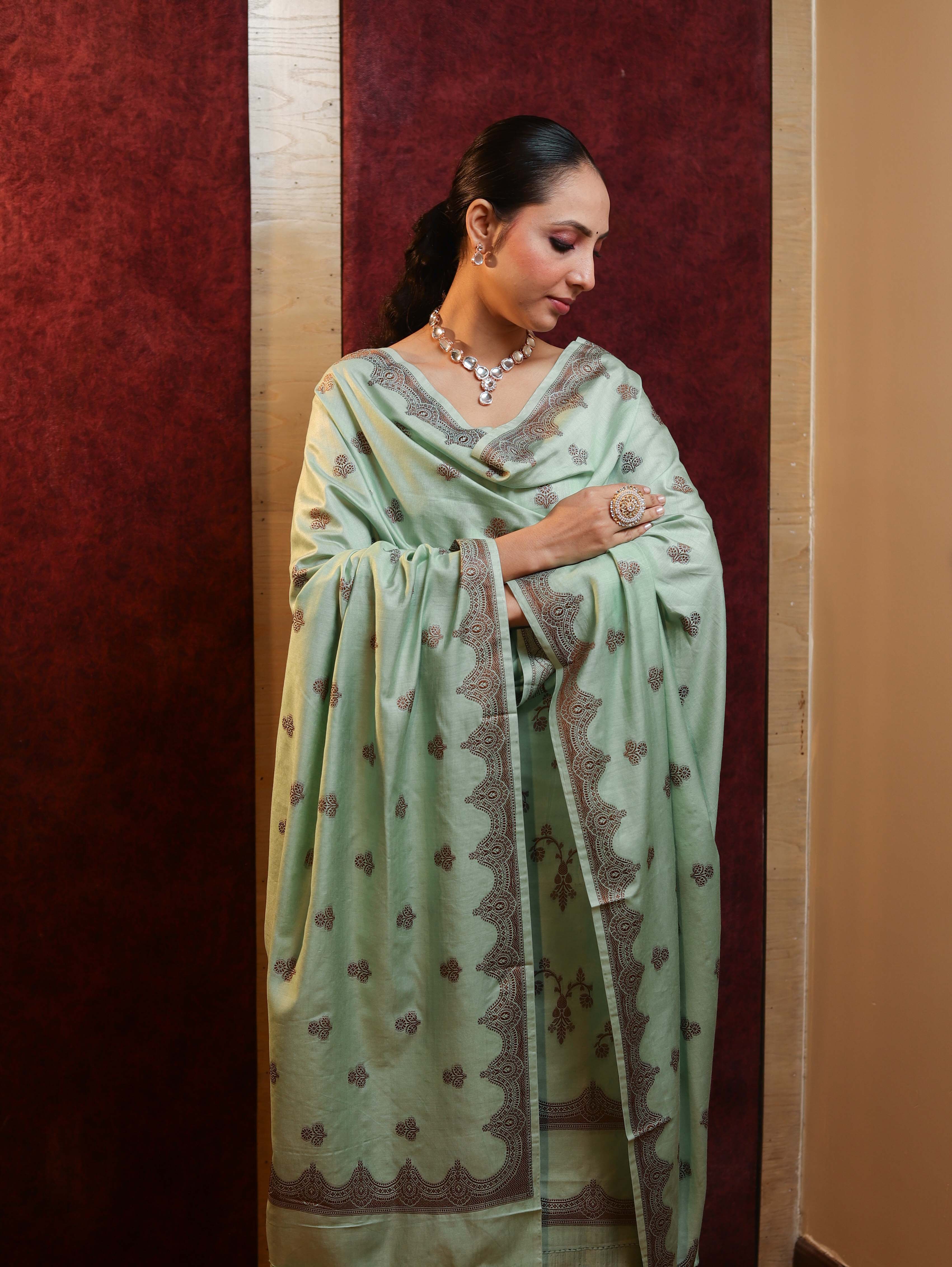 Banarasee Handloom Pure Cotton Silk Salwar Kameez Fabric With Dupatta-Light Moss Green