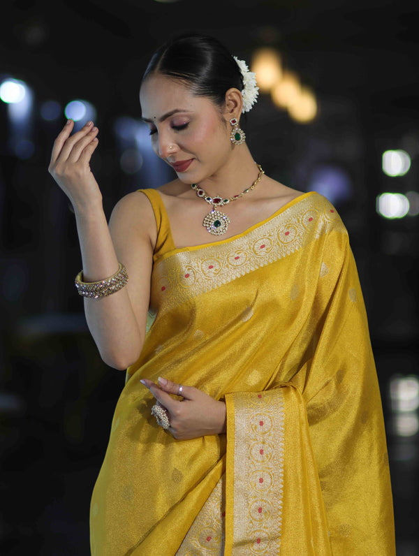 Banarasee Handloom Dual Tone Shimmer Silk Saree With Buti Design & Meena Border-Yellow