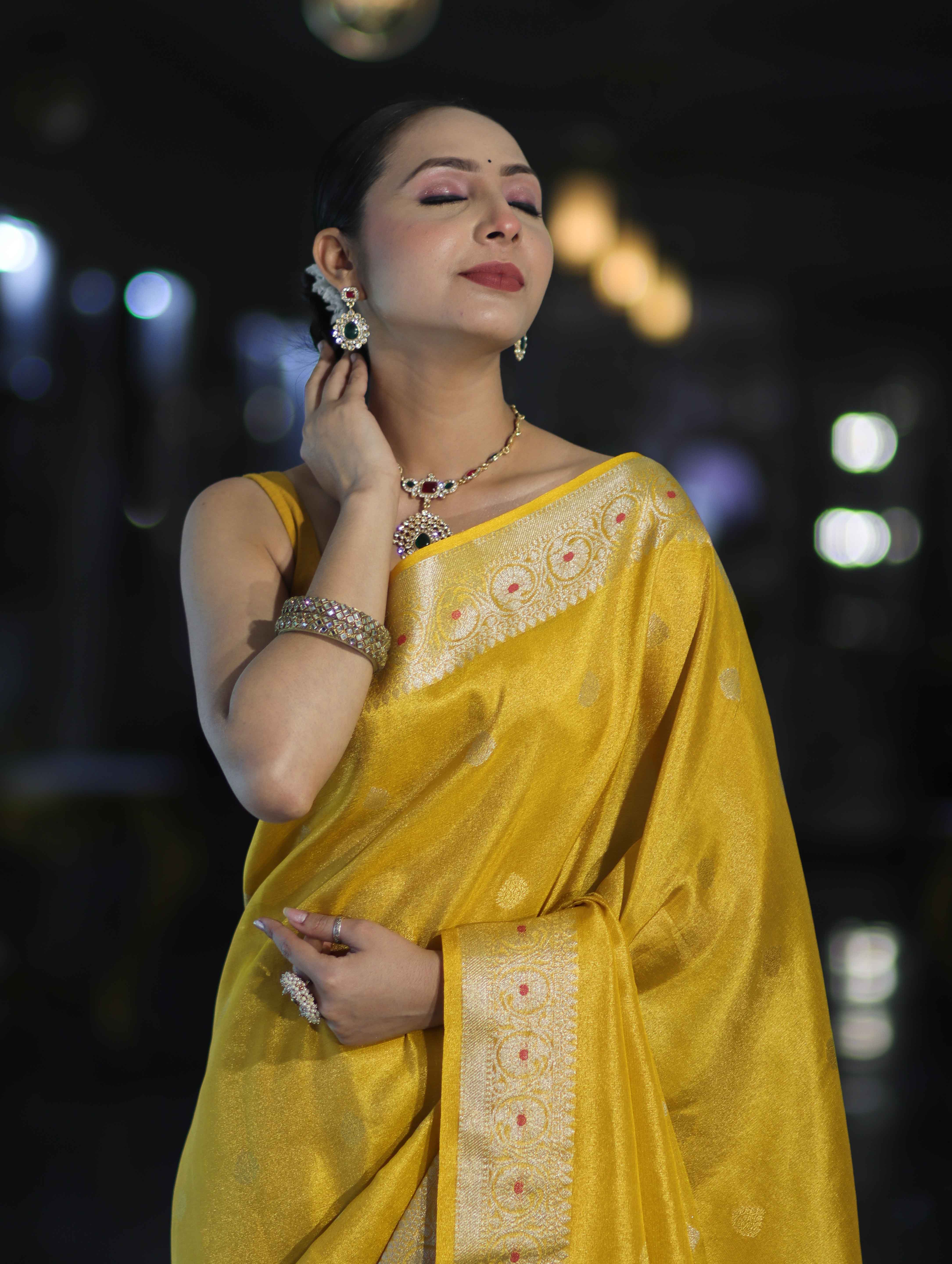 Banarasee Handloom Dual Tone Shimmer Silk Saree With Buti Design & Meena Border-Yellow