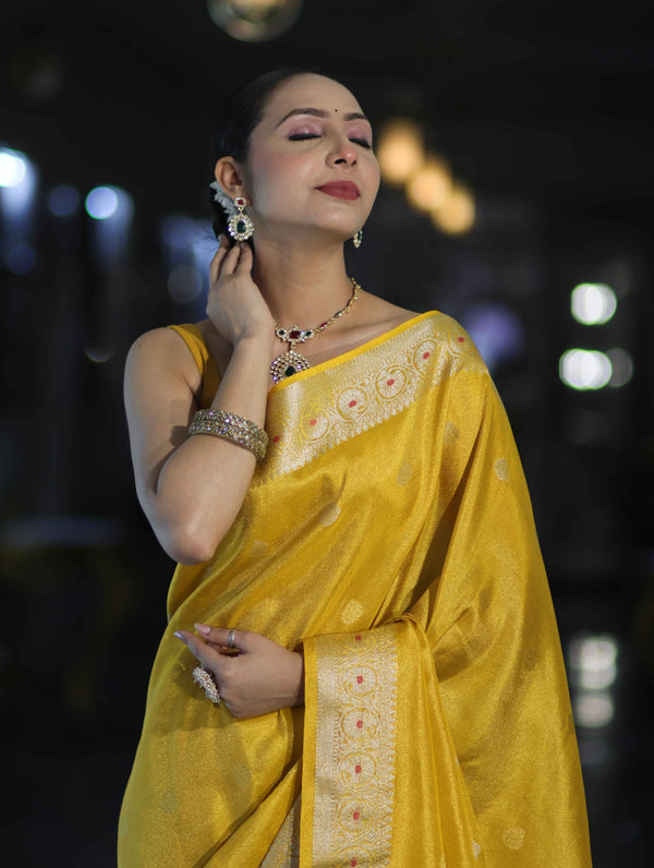 Banarasee Handloom Dual Tone Shimmer Silk Saree With Buti Design & Meena Border-Yellow