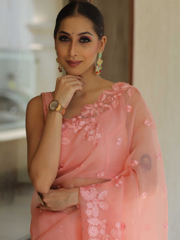 Banarasee Pure Organza Silk Saree With Floral Resham Embroidery-Peach