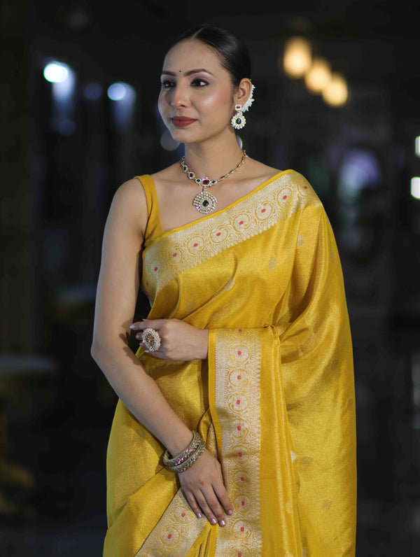 Banarasee Handloom Dual Tone Shimmer Silk Saree With Buti Design & Meena Border-Yellow