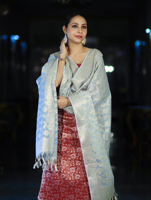 Banarasee Brocade Salwar Kameez Fabric With Jaal Design Contrast Dupatta-Red & Light Blue