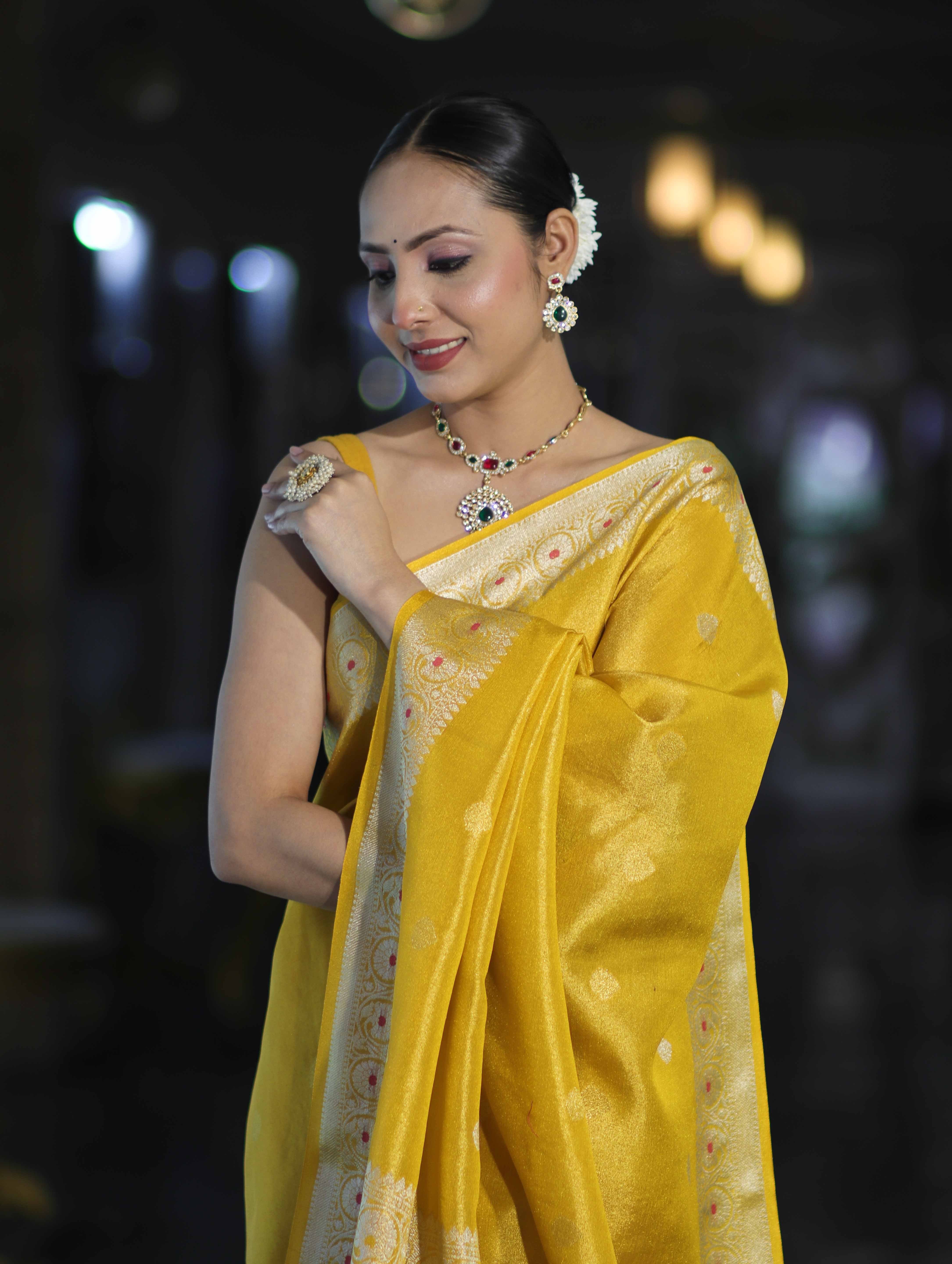 Banarasee Handloom Dual Tone Shimmer Silk Saree With Buti Design & Meena Border-Yellow