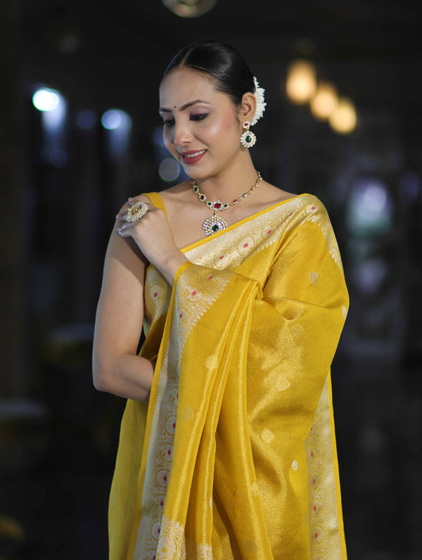 Banarasee Handloom Dual Tone Shimmer Silk Saree With Buti Design & Meena Border-Yellow