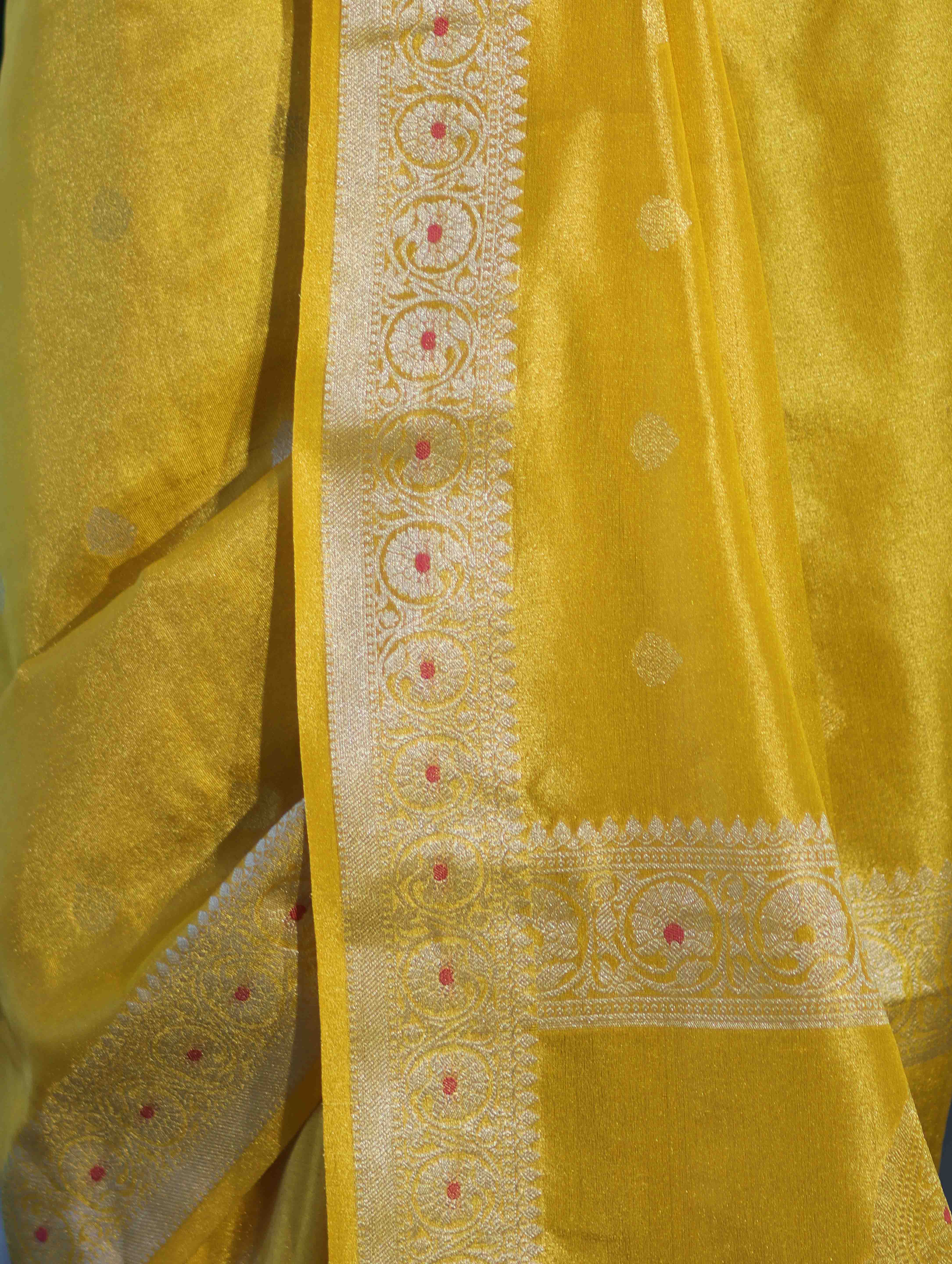 Banarasee Handloom Dual Tone Shimmer Silk Saree With Buti Design & Meena Border-Yellow