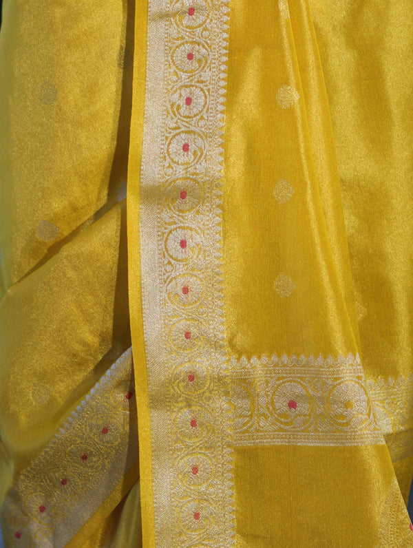 Banarasee Handloom Dual Tone Shimmer Silk Saree With Buti Design & Meena Border-Yellow