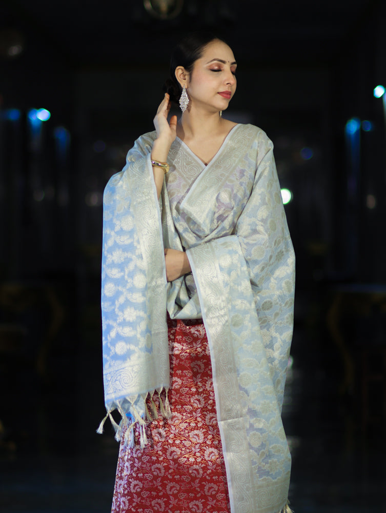 Banarasee Brocade Salwar Kameez Fabric With Jaal Design Contrast Dupatta-Red & Light Blue