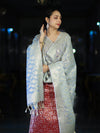 Banarasee Brocade Salwar Kameez Fabric With Jaal Design Contrast Dupatta-Red & Light Blue