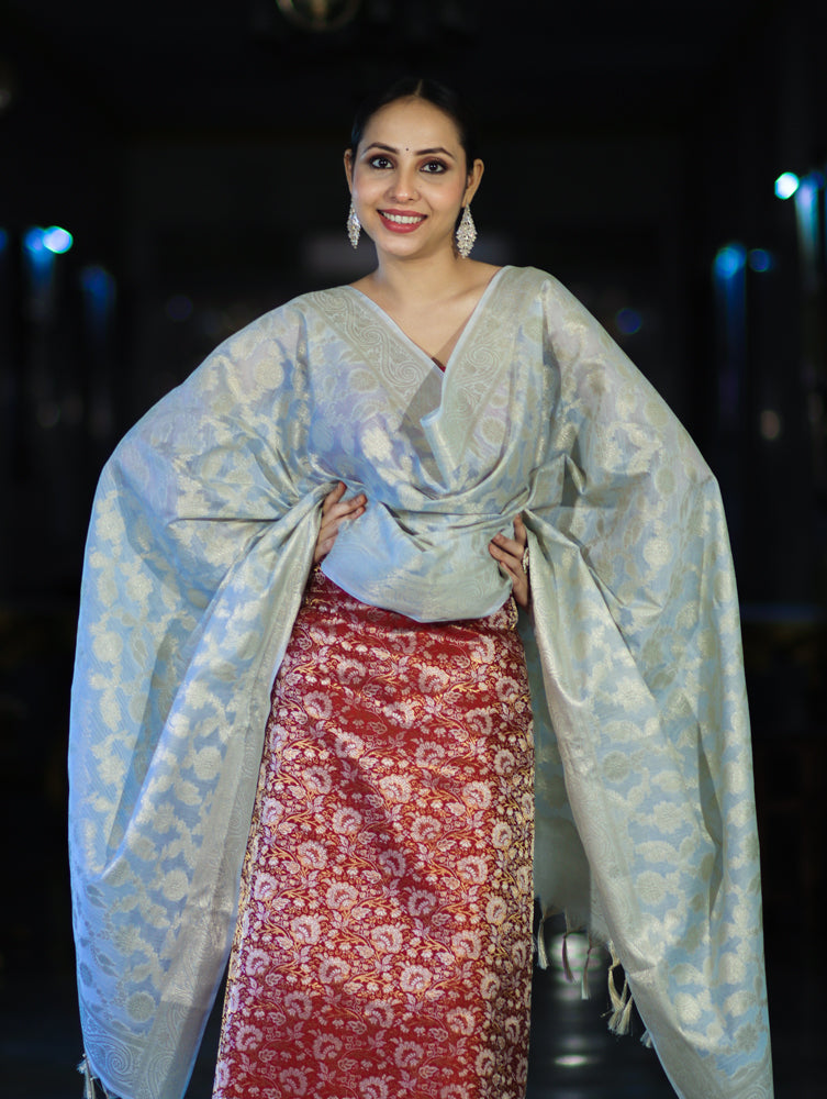 Banarasee Brocade Salwar Kameez Fabric With Jaal Design Contrast Dupatta-Red & Light Blue